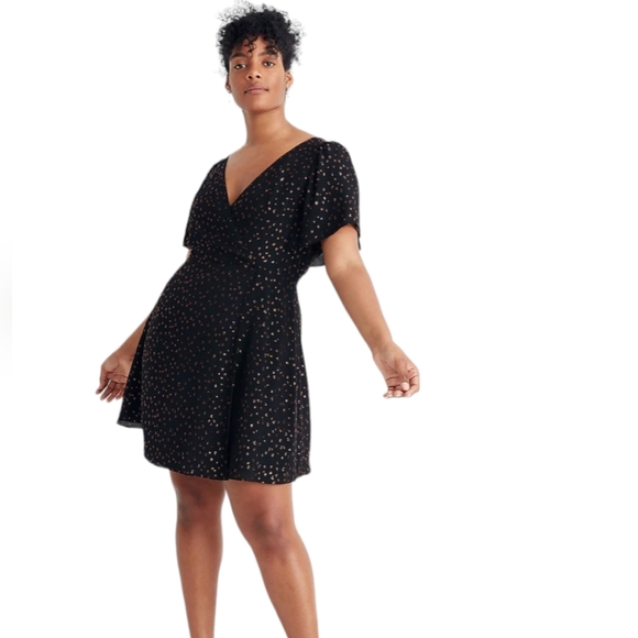 Madewell Black Cape Sleeve Metallic Dots Faux Wrap Cocktail Mini Dress Size 2 - Picture 3 of 14